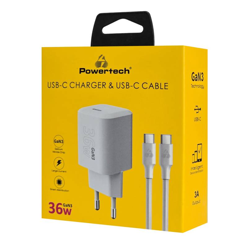 Powertech φορτιστής τοίχου PT-1350 με καλώδιο, USB-C, 36W, GaN, λευκός – φωτογραφία 2