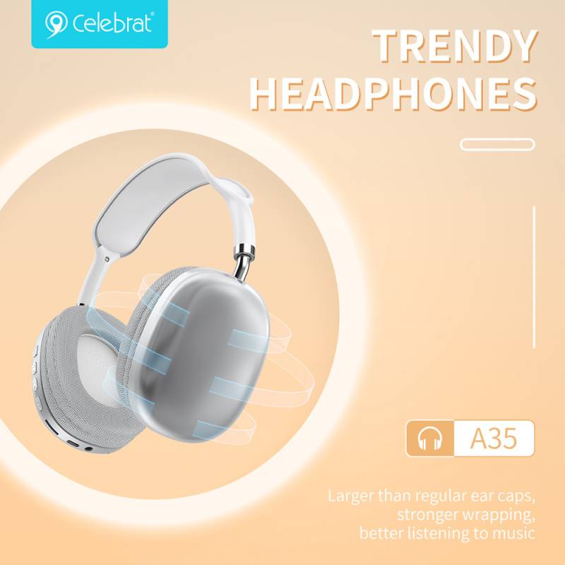 Celebrat headphones A35, ασύρματα & ενσύρματα, micro SD, 40mm, 200mAh, λευκά – φωτογραφία 3