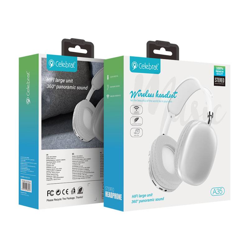 Celebrat headphones A35, ασύρματα & ενσύρματα, micro SD, 40mm, 200mAh, λευκά – φωτογραφία 6