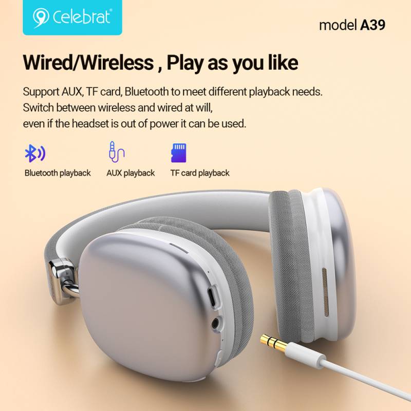 Celebrat headphones A39, ασύρματα & ενσύρματα, micro SD, 40mm, 400mAh, μαύρα – φωτογραφία 2