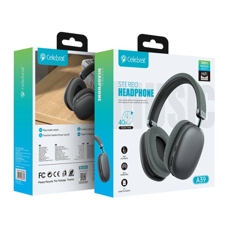 Celebrat headphones A39, ασύρματα & ενσύρματα, micro SD, 40mm, 400mAh, μαύρα – φωτογραφία 4