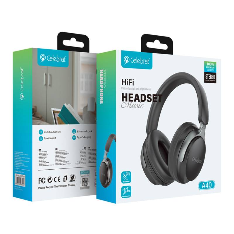 Celebrat headphones A40, ασύρματα & ενσύρματα, 40mm, 250mAh, μαύρα – φωτογραφία 4