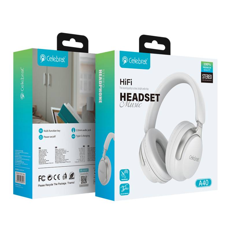 Celebrat headphones A40, ασύρματα & ενσύρματα, 40mm, 250mAh, λευκά – φωτογραφία 4