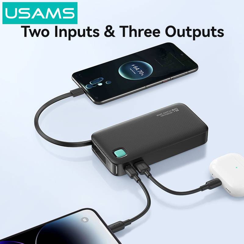 USAMS power bank CD224 με καλώδιο USB-C, 2x θύρες εξόδου, 10000mAh, 20W, μαύρο – φωτογραφία 2