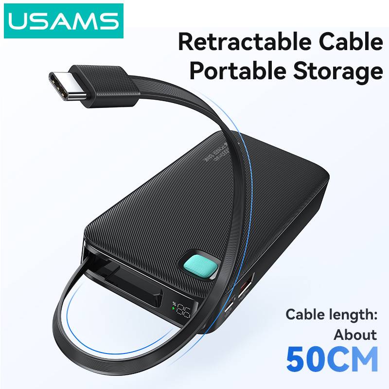 USAMS power bank CD224 με καλώδιο USB-C, 2x θύρες εξόδου, 10000mAh, 20W, μαύρο – φωτογραφία 3