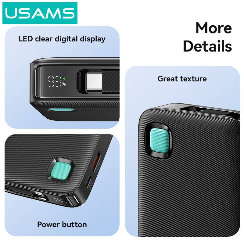 USAMS power bank CD224 με καλώδιο USB-C, 2x θύρες εξόδου, 10000mAh, 20W, μαύρο – φωτογραφία 5