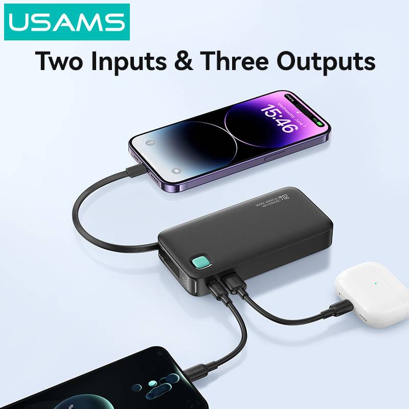 USAMS power bank CD225 με καλώδιο Lightning, 2x θύρες εξόδου, 10000mAh, 20W, μαύρο – φωτογραφία 2