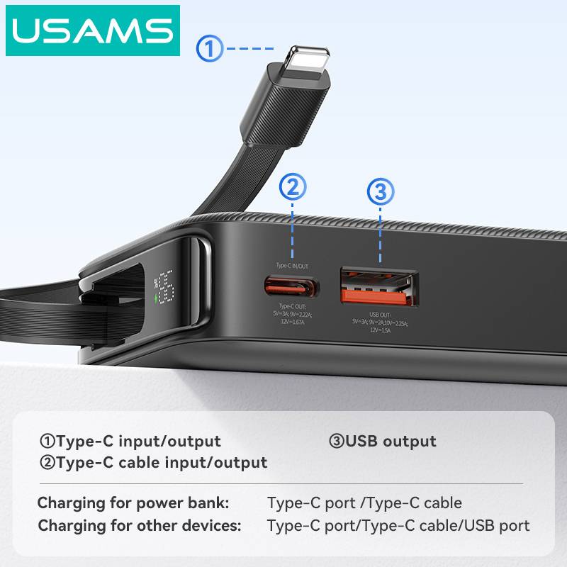 USAMS power bank CD225 με καλώδιο Lightning, 2x θύρες εξόδου, 10000mAh, 20W, μαύρο – φωτογραφία 4