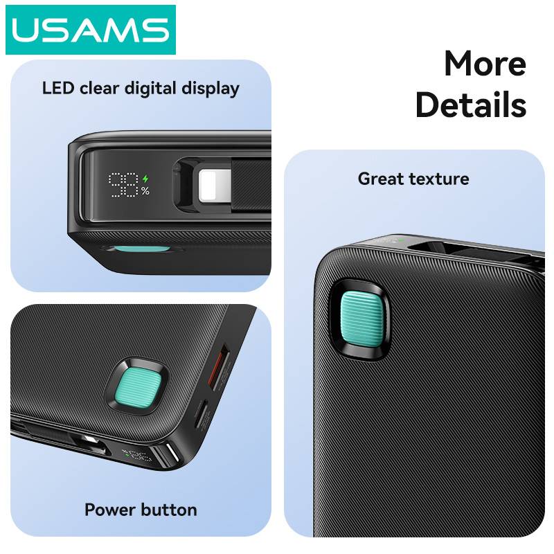USAMS power bank CD225 με καλώδιο Lightning, 2x θύρες εξόδου, 10000mAh, 20W, μαύρο – φωτογραφία 5