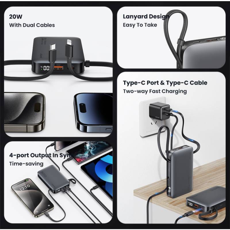 USAMS power bank CD228 με 2x καλώδια, 2x θύρες εξόδου, 10000mAh, 20W, γκρι – φωτογραφία 2