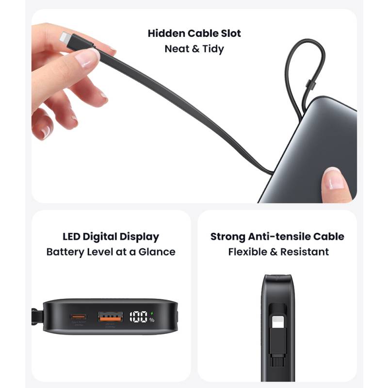 USAMS power bank CD228 με 2x καλώδια, 2x θύρες εξόδου, 10000mAh, 20W, γκρι – φωτογραφία 5