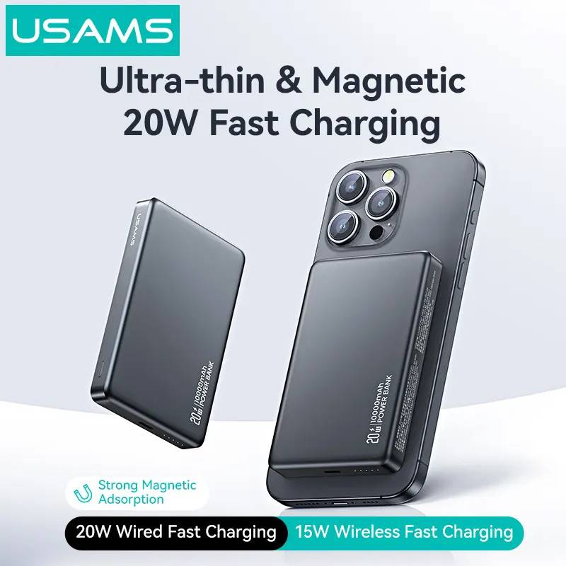 USAMS power bank CD242, magnetic wireless, USB-C έξοδος, 10000mAh, 20W, γκρι – φωτογραφία 3