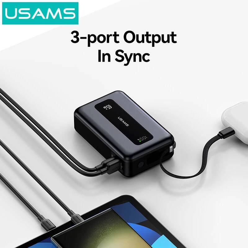 USAMS power bank CD243 με καλώδιο USB-C, 2x θύρες εξόδου, 20000mAh, 65W, γκρι – φωτογραφία 2