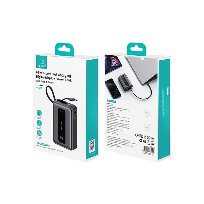 USAMS power bank CD243 με καλώδιο USB-C, 2x θύρες εξόδου, 20000mAh, 65W, γκρι – φωτογραφία 6