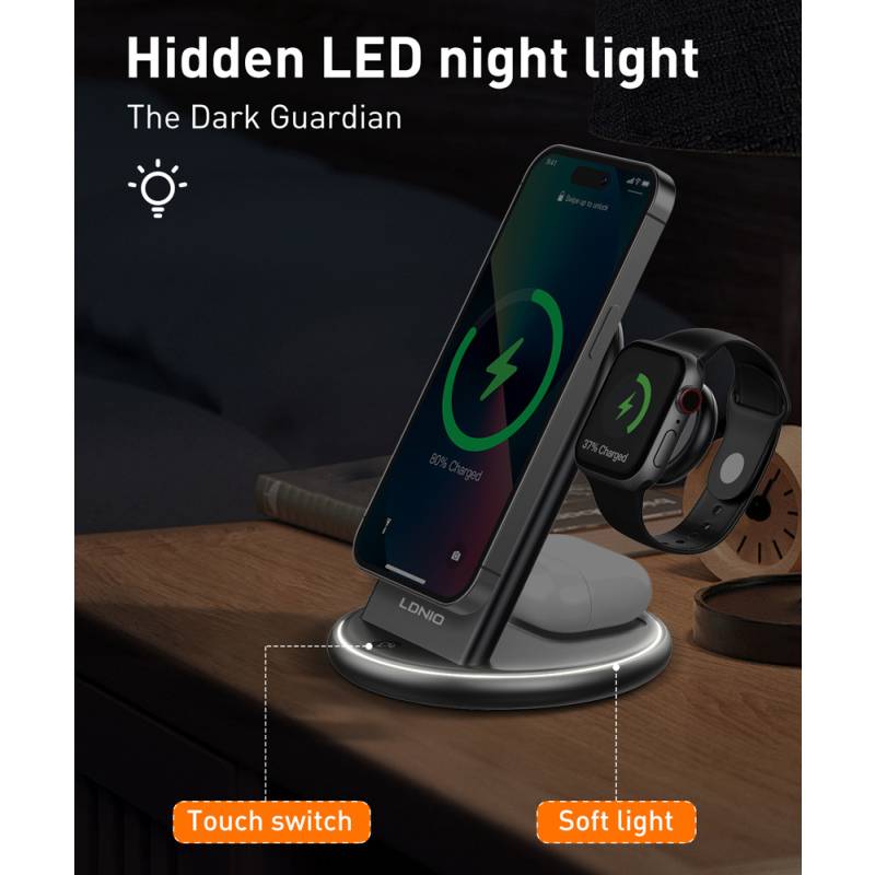 Ldnio ασύρματος φορτιστής WL02 με LED φωτισμό, 3 σε 1, 15W, μαύρος – φωτογραφία 6