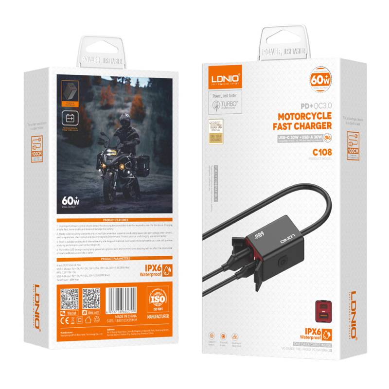 Ldnio φορτιστής μοτοσυκλέτας C108 με καλώδιο, USB/USB-C, 60W, μαύρος – φωτογραφία 4