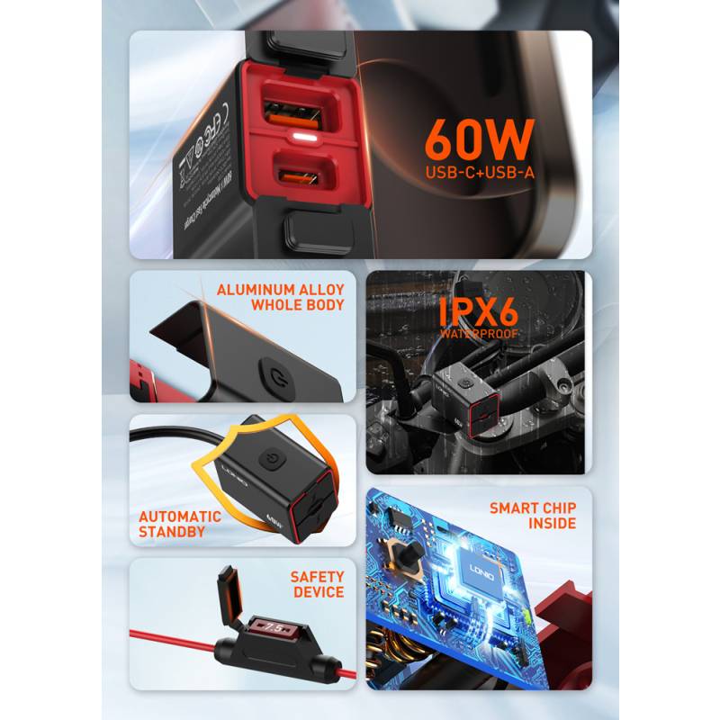 Ldnio φορτιστής μοτοσυκλέτας C108 με καλώδιο, USB/USB-C, 60W, μαύρος – φωτογραφία 5