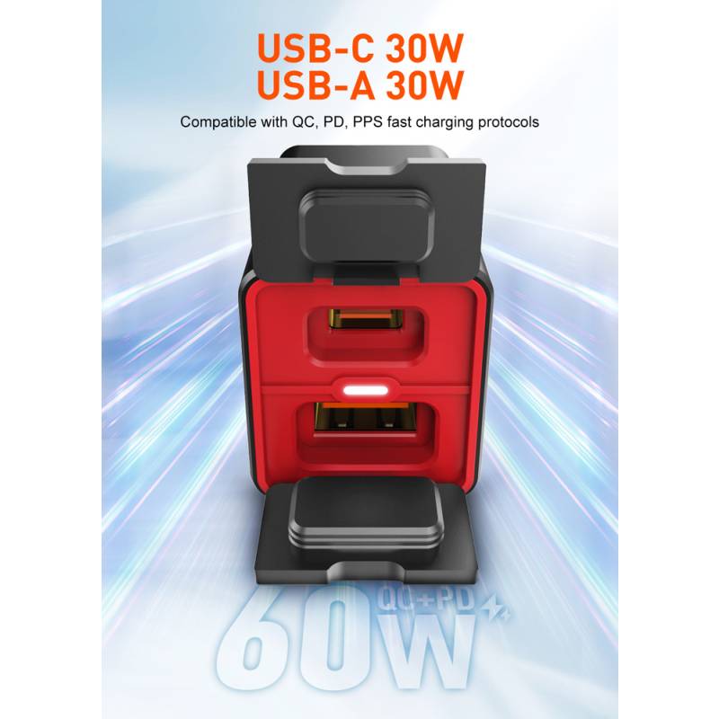 Ldnio φορτιστής μοτοσυκλέτας C108 με καλώδιο, USB/USB-C, 60W, μαύρος – φωτογραφία 6