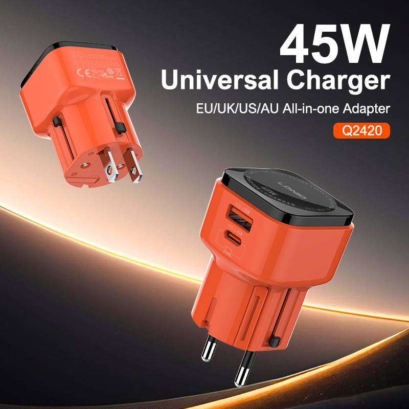 Ldnio φορτιστής τοίχου Q2420 με καλώδιο, USB/USB-C, 45W, universal πρίζα, πορτοκαλί – φωτογραφία 2