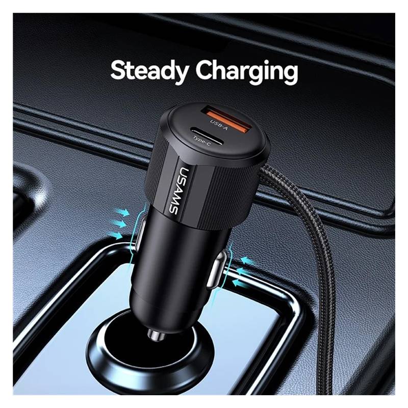 USAMS φορτιστής αυτοκινήτου CC287 με 2 σε 1 καλώδιο, USB/USB-C θύρες, 66W, μαύρος – φωτογραφία 3