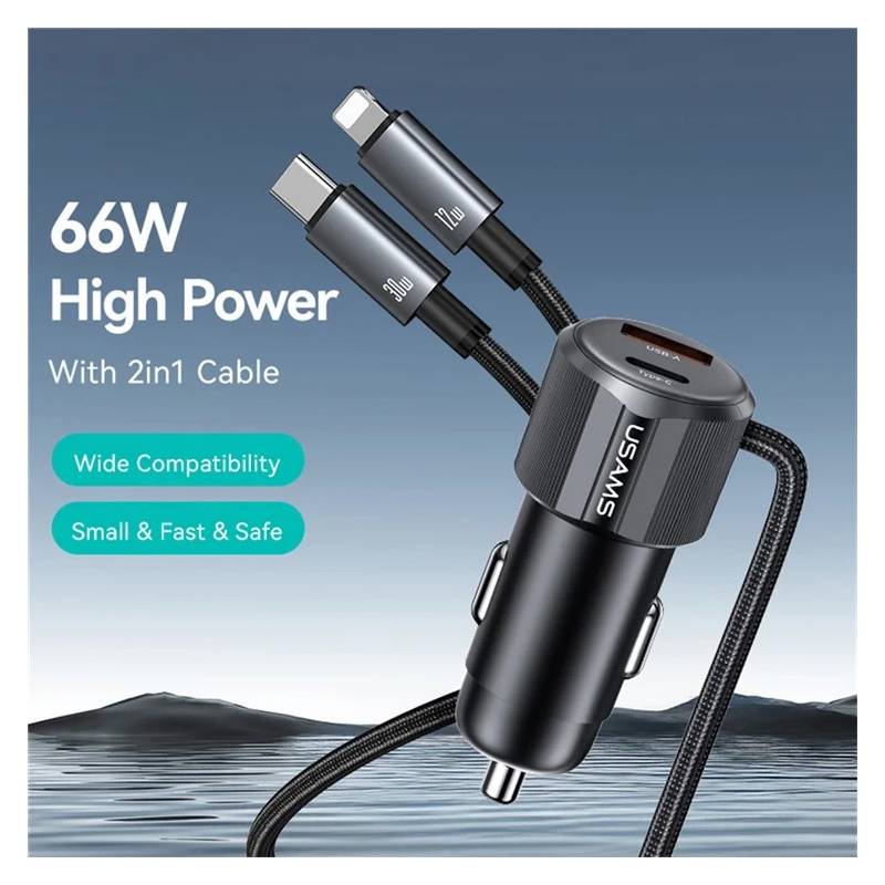 USAMS φορτιστής αυτοκινήτου CC287 με 2 σε 1 καλώδιο, USB/USB-C θύρες, 66W, μαύρος – φωτογραφία 5