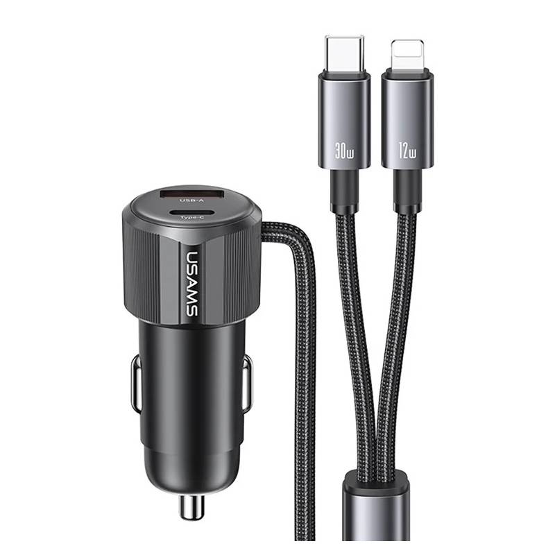 USAMS φορτιστής αυτοκινήτου CC287 με 2 σε 1 καλώδιο, USB/USB-C θύρες, 66W, μαύρος