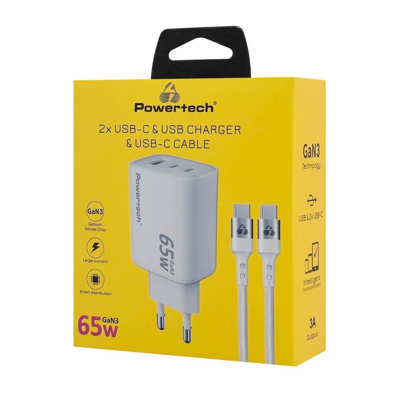 Powertech φορτιστής τοίχου PT-1415 με καλώδιο, USB/2x USB-C, 65W, GaN, λευκός – φωτογραφία 2