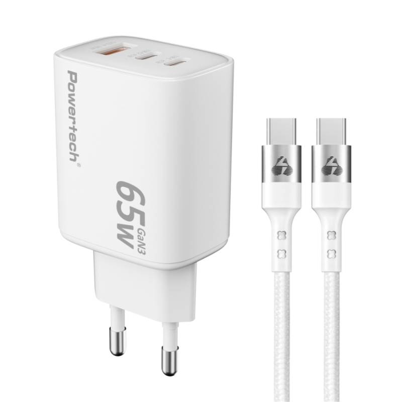 Powertech φορτιστής τοίχου PT-1415 με καλώδιο, USB/2x USB-C, 65W, GaN, λευκός