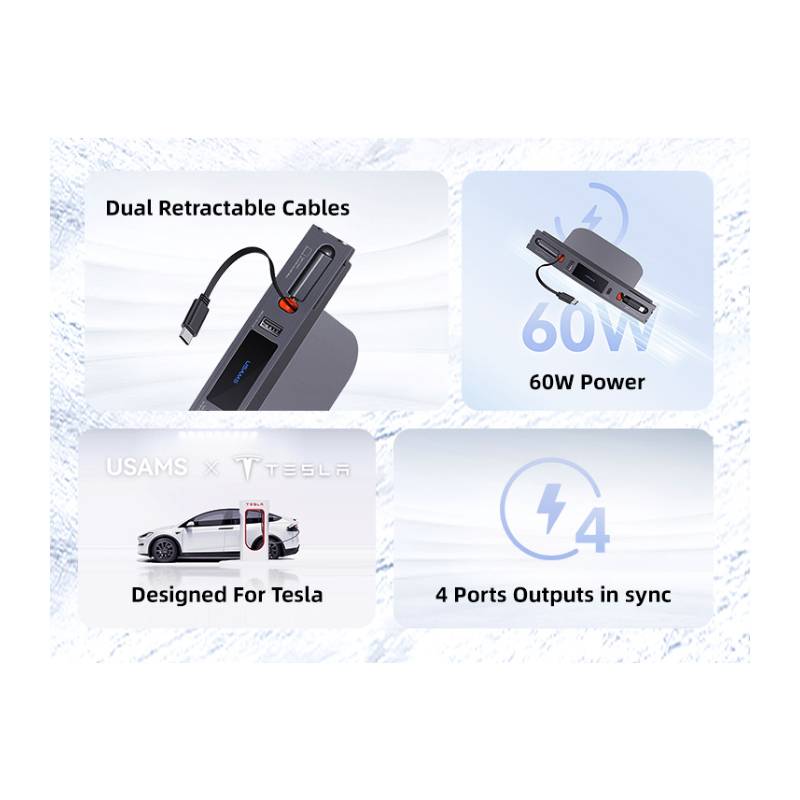 USAMS φορτιστής αυτοκινήτου US-SJ649 για Tesla(3/Y), με 2x καλώδια, USB/USB-C θύρες, 60W, γκρι – φωτογραφία 2