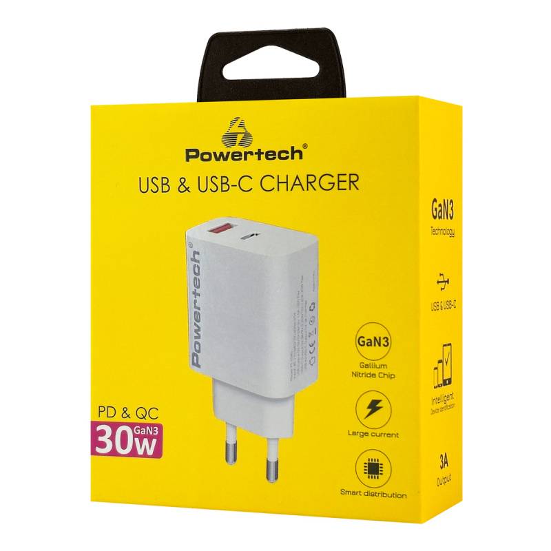 Powertech φορτιστής τοίχου PT-1433, USB/USB-C, 30W, GaN, λευκός – φωτογραφία 2