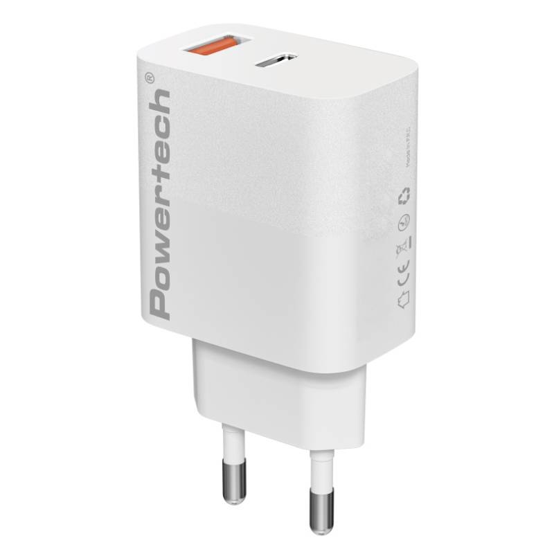 Powertech φορτιστής τοίχου PT-1433, USB/USB-C, 30W, GaN, λευκός