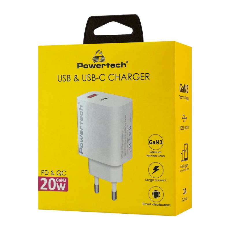 Powertech φορτιστής τοίχου PT-1437, USB/USB-C, 20W, GaN, λευκός – φωτογραφία 2