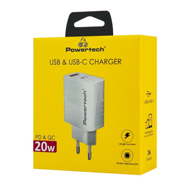 Powertech φορτιστής τοίχου PT-1493, USB/USB-C, 20W, λευκός – φωτογραφία 2