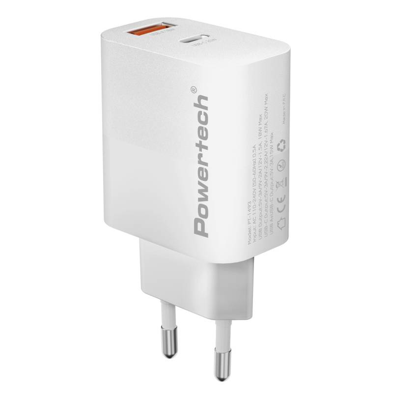 Powertech φορτιστής τοίχου PT-1493, USB/USB-C, 20W, λευκός