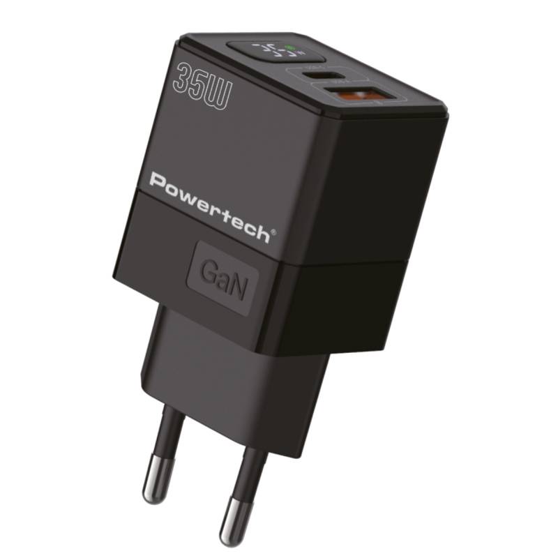 Powertech φορτιστής τοίχου PT-1499 με οθόνη, USB/USB-C, 35W, GaN, μαύρος – φωτογραφία 2