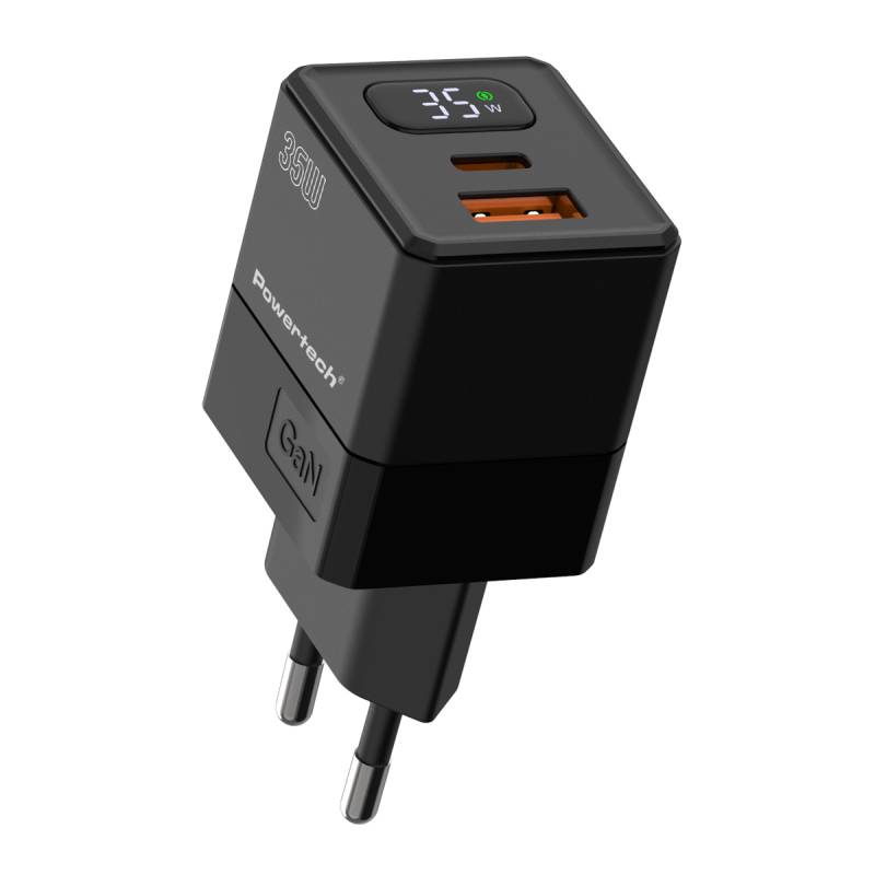 Powertech φορτιστής τοίχου PT-1499 με οθόνη, USB/USB-C, 35W, GaN, μαύρος – φωτογραφία 3