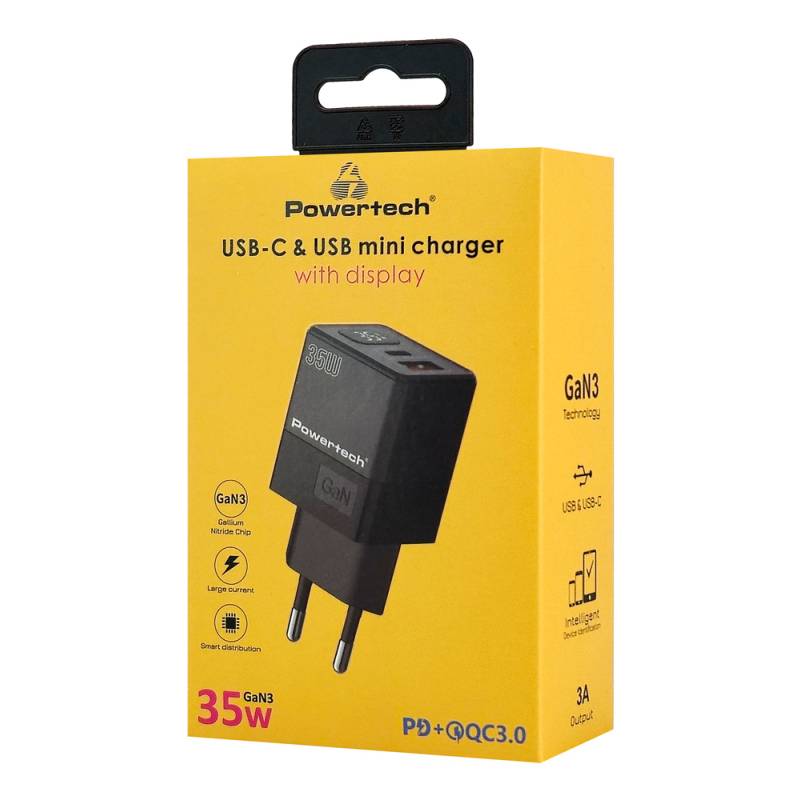 Powertech φορτιστής τοίχου PT-1499 με οθόνη, USB/USB-C, 35W, GaN, μαύρος – φωτογραφία 4