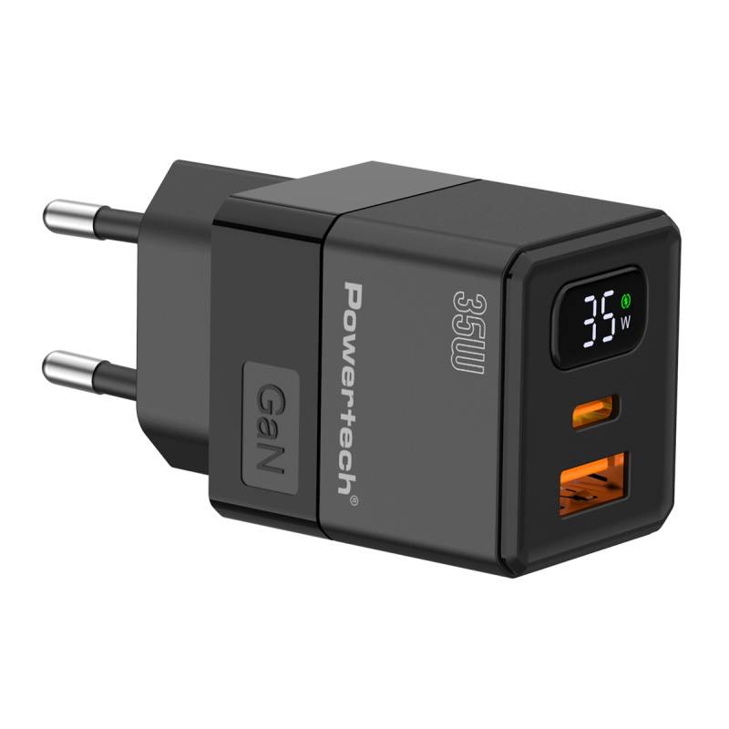 Powertech φορτιστής τοίχου PT-1499 με οθόνη, USB/USB-C, 35W, GaN, μαύρος