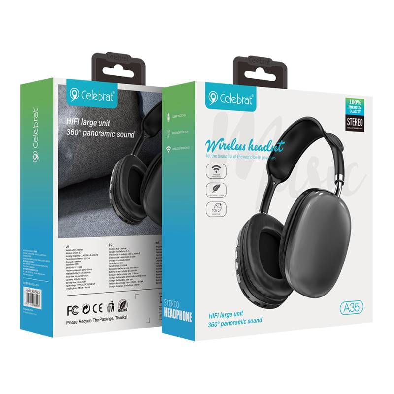 Celebrat headphones A35, ασύρματα & ενσύρματα, micro SD, 40mm, 200mAh, μαύρα – φωτογραφία 6