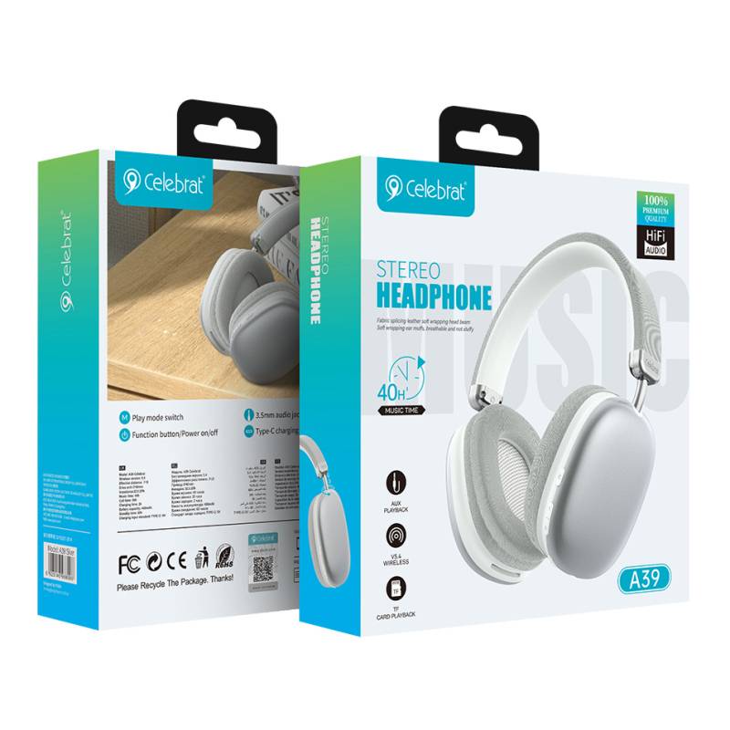 Celebrat headphones A39, ασύρματα & ενσύρματα, micro SD, 40mm, 400mAh, ασημί – φωτογραφία 5