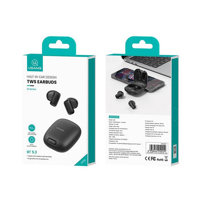 USAMS earphones με θήκη φόρτισης ID25, TWS, Φ13mm, 30/230mAh, μαύρα – φωτογραφία 5