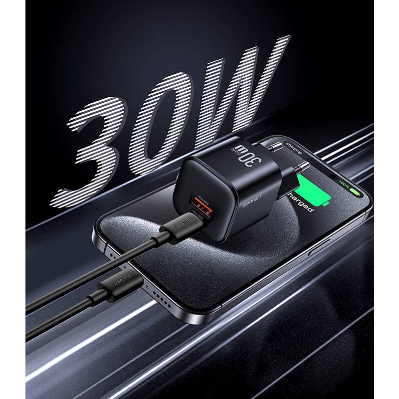 USAMS φορτιστής τοίχου CC263, USB & USB-C, 30W, GaN, μαύρος – φωτογραφία 4