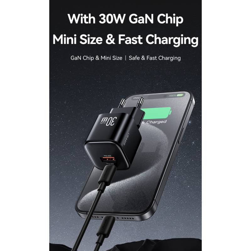 USAMS φορτιστής τοίχου CC263, USB & USB-C, 30W, GaN, λευκός – φωτογραφία 2