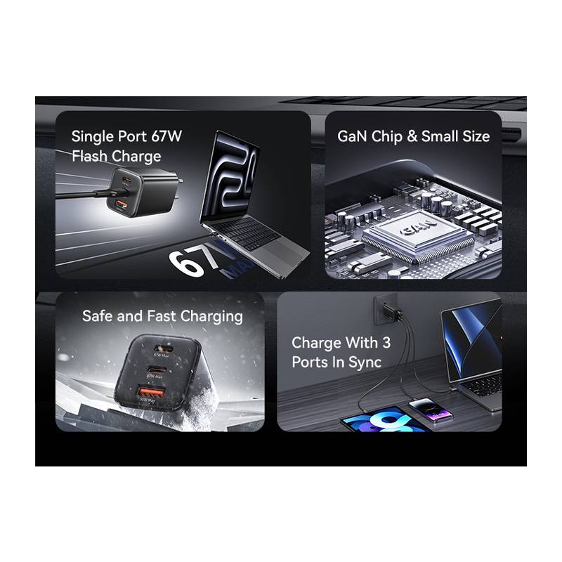USAMS φορτιστής τοίχου CC265, USB & 2x USB-C, 67W, GaN, μαύρος – φωτογραφία 3