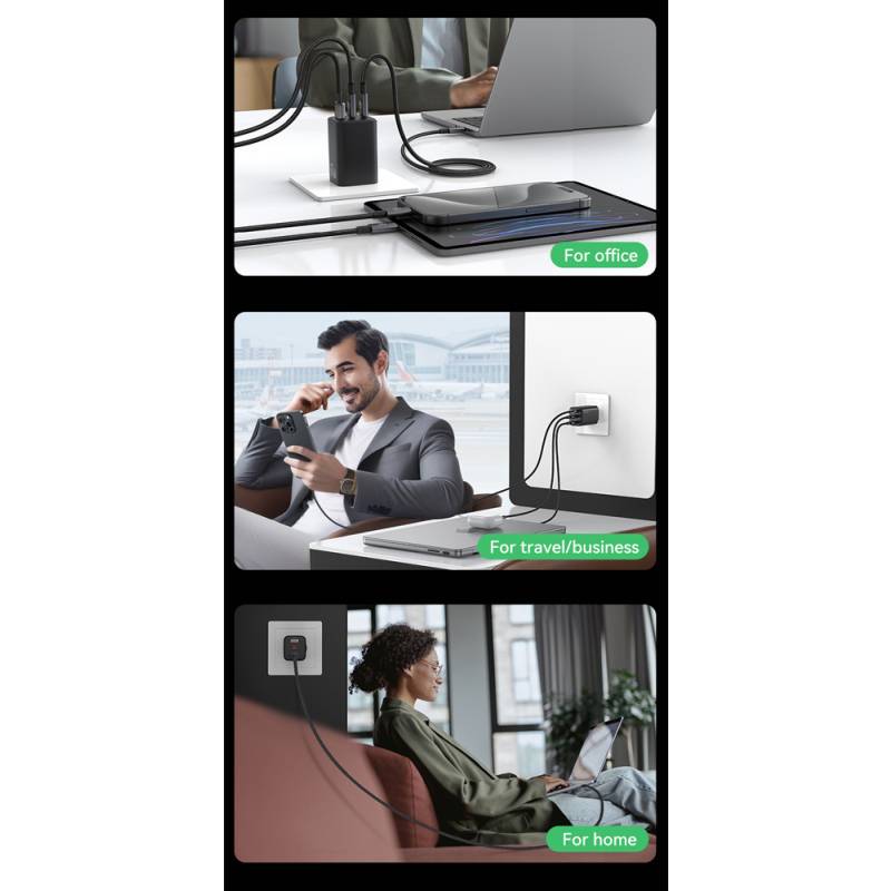 USAMS φορτιστής τοίχου CC265, USB & 2x USB-C, 67W, GaN, μαύρος – φωτογραφία 6