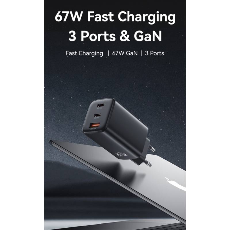 USAMS φορτιστής τοίχου CC265, USB & 2x USB-C, 67W, GaN, λευκός – φωτογραφία 2