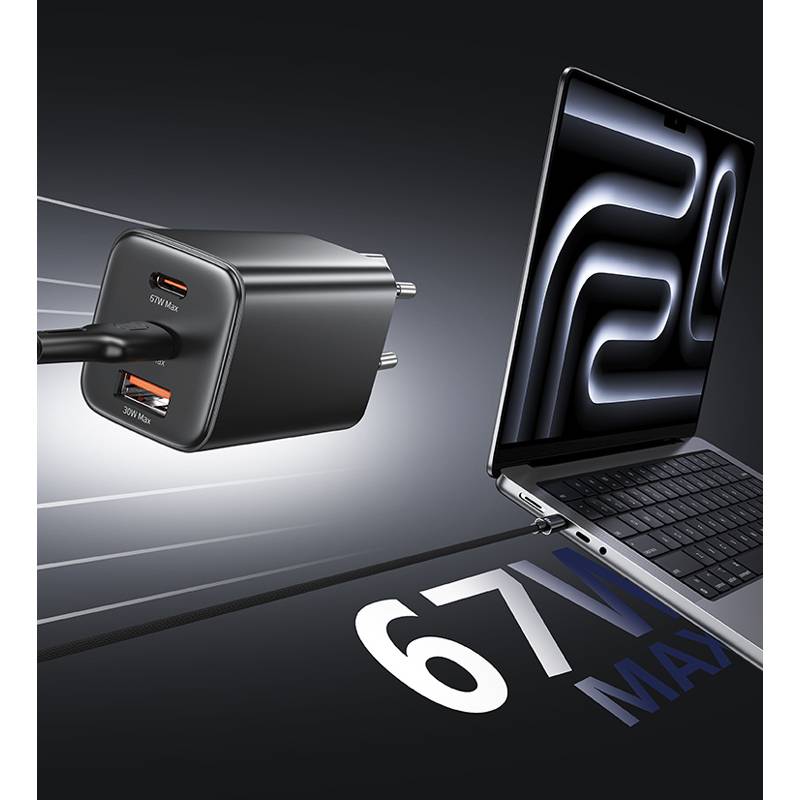 USAMS φορτιστής τοίχου CC265, USB & 2x USB-C, 67W, GaN, λευκός – φωτογραφία 4