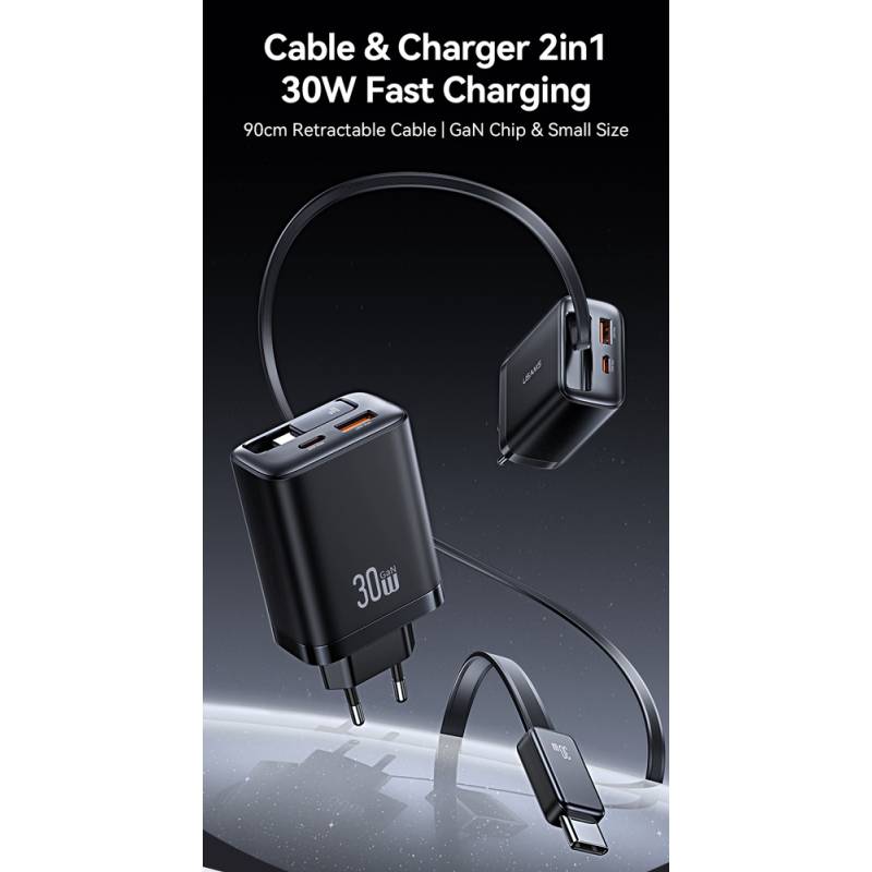 USAMS φορτιστής τοίχου CC296 με καλώδιο, USB & USB-C, 30W, μαύρος – φωτογραφία 2