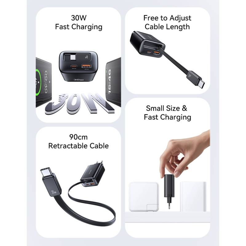 USAMS φορτιστής τοίχου CC296 με καλώδιο, USB & USB-C, 30W, μαύρος – φωτογραφία 3