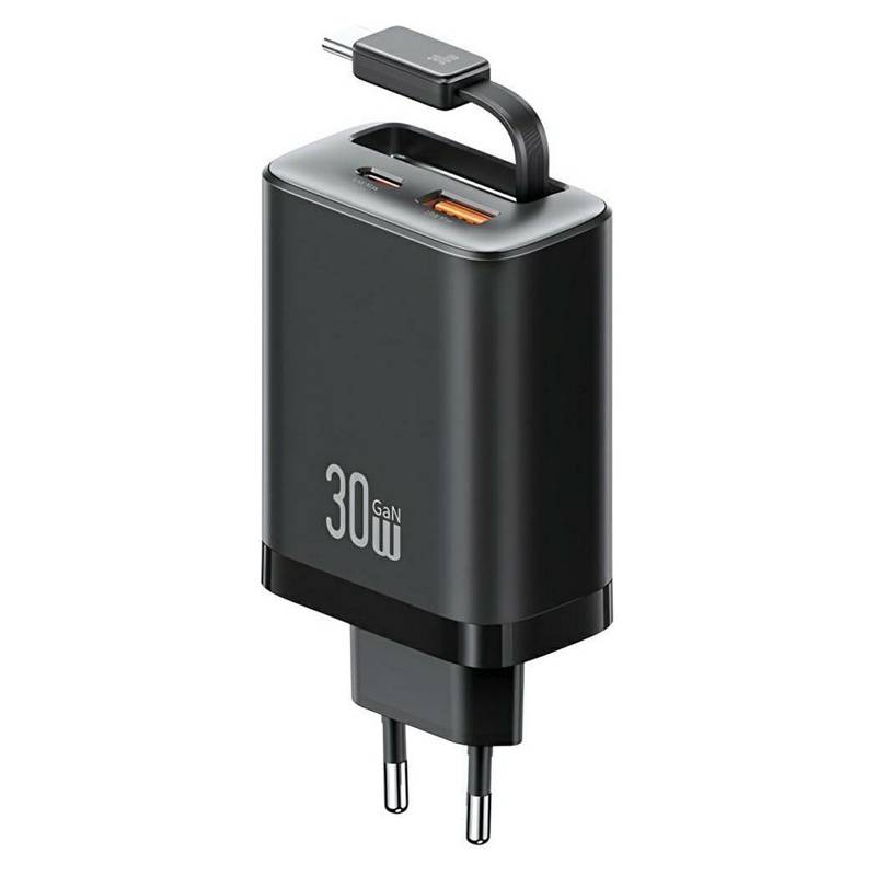 USAMS φορτιστής τοίχου CC296 με καλώδιο, USB & USB-C, 30W, μαύρος